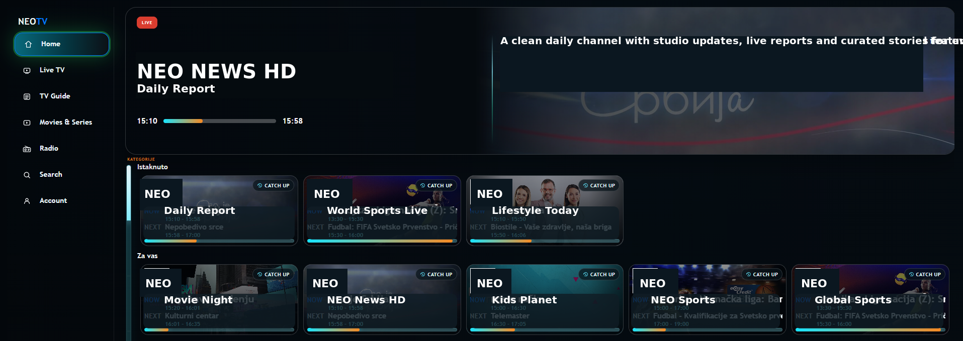 NeoXportal TV home dashboard safe screenshot